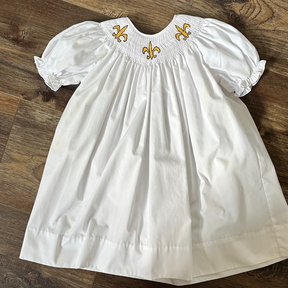 White Smocked Dress with fleur-de-lis